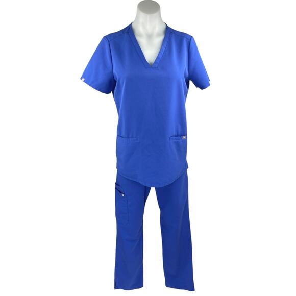 Figs Women's Blue Short Sleeve Pocket Nurse Medical Scrub Pants 2 Pc Set Size S - Picture 1 of 5